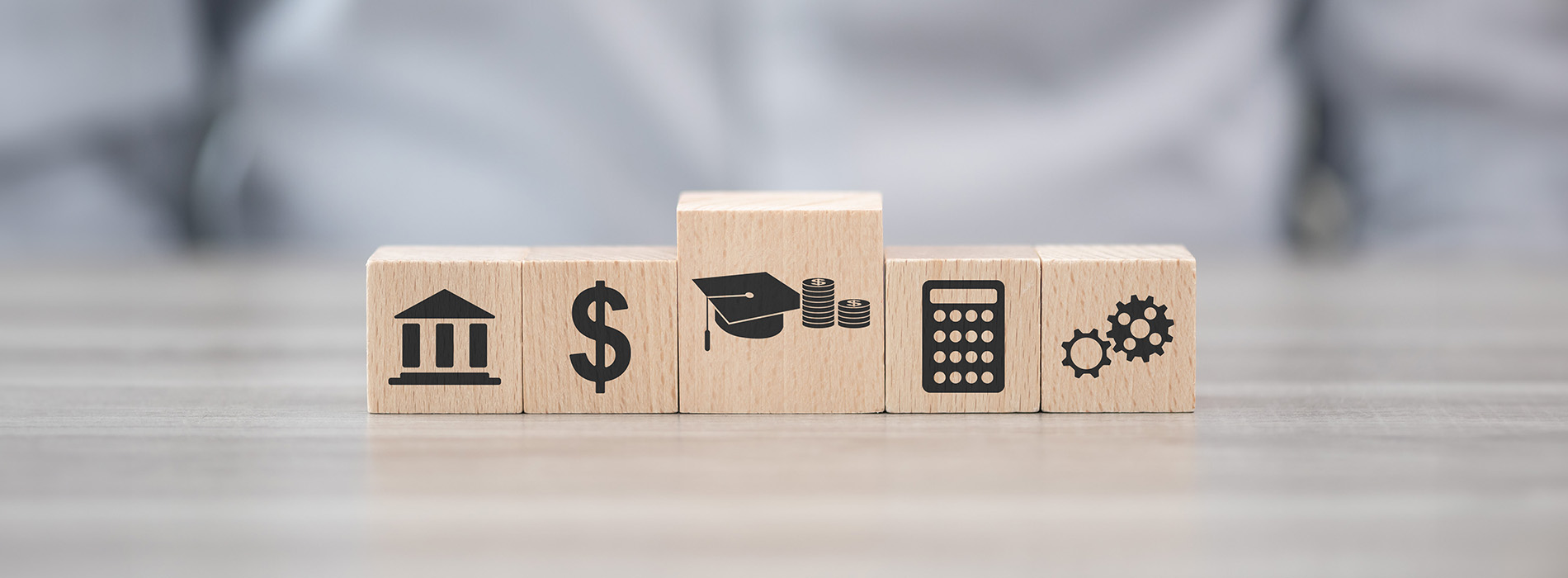 The image displays a set of wooden blocks with various symbols on them, including a house, dollar sign, graduation cap, and gear, arranged on a surface against a blurred background.